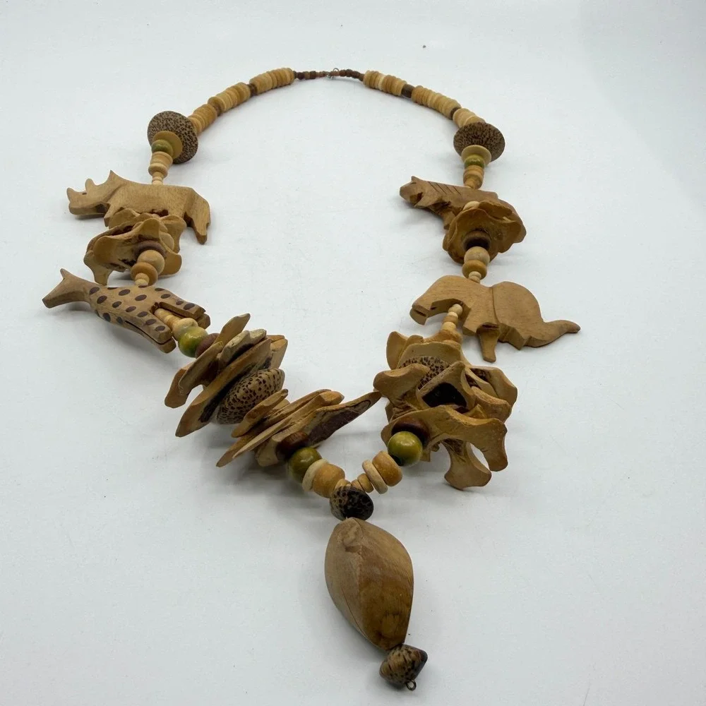 Hand Carved Wood Safari Animal Bead Necklace Elephant Giraffe Rhino Boho Gift